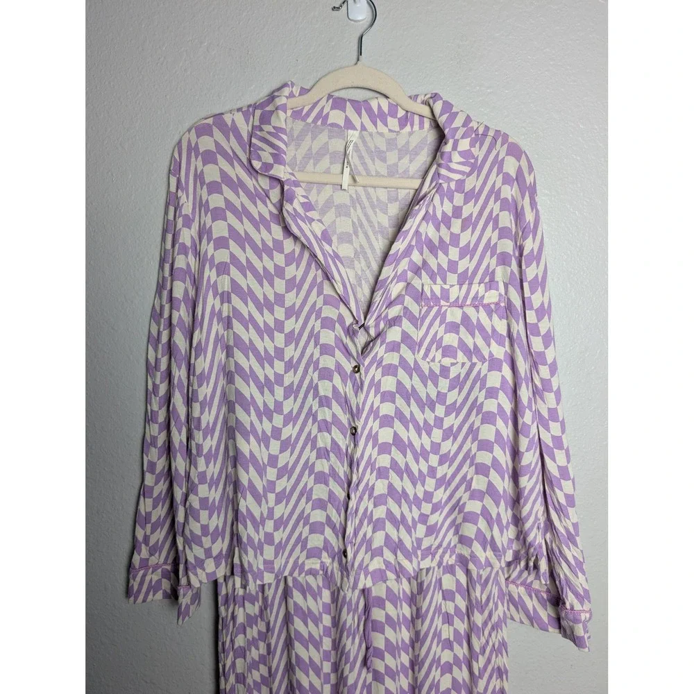 Anthropologie Purple Wavy Checkerboard Pajama Set Retro Loungewear Womens Medium